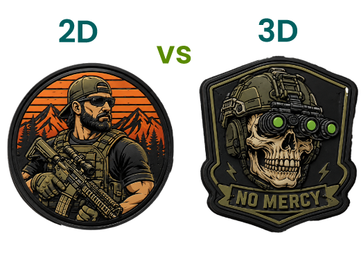 2D vs 3D PVC patches showing the difference between flat and raised custom patch designs