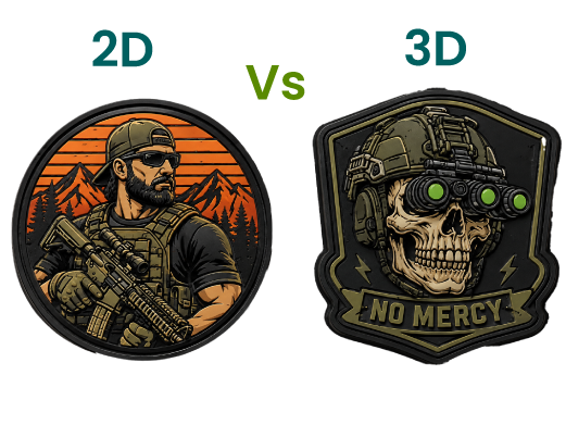 2D vs 3D PVC patches showing the difference between flat and raised custom patch designs